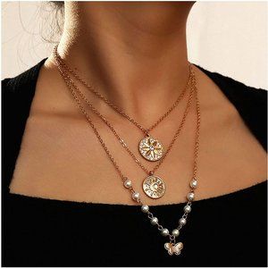 🆕Layered Boho Coin Butterfly Pearl Chain Necklace